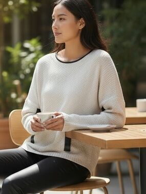 BCX Cream Knit Sweater with Faux Leather Trim | Size Small